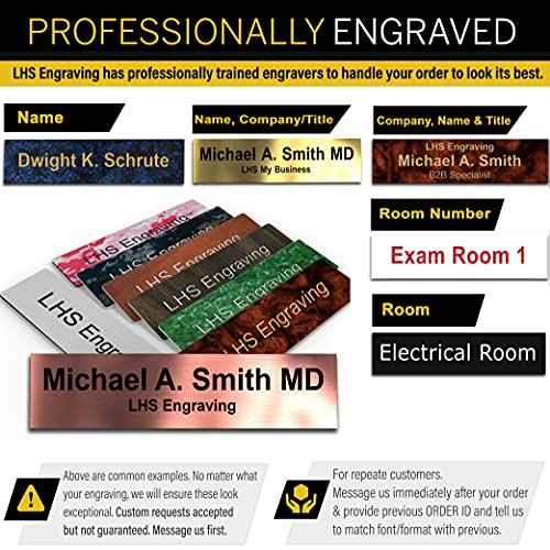 Engraved Name Plates for Desk and Door Signs Personalized Brushed Brass Plastic Nameplate with Black Letters - Made in USA 2x8 M6