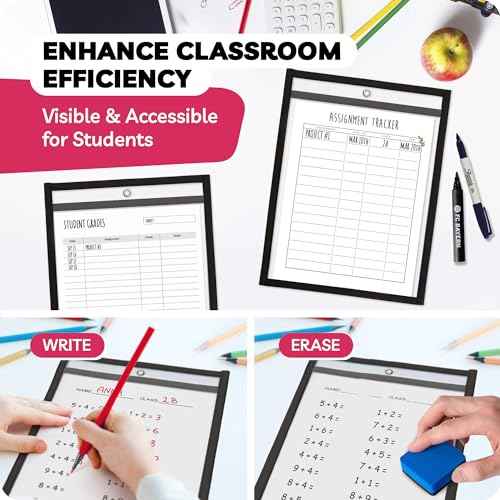 Job Ticket Holders 9x12 - (10 Pack), 8.5 x 11 Letter Size, Dry Erase Pockets, Clear & Black Plastic Sleeves - Reusable, Water-Resistant
