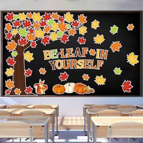 Fall Tree Classroom Bulletin Board Decorations Pumpkin Maple Leaves Bulletin Board Cutouts Be Leaf in Yourself Paper Cutout with Glue Points for Classroom School Chalkboard Home Wall Decor, 94 Pcs