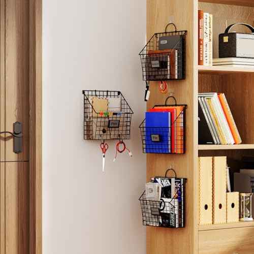 Hanging Wall File Holder Organizer Metal Wall Mount File Folders Holder Magazine Rack with Handles and Hooks , for Home Office, 4 Packs, Black (Patent Pending)
