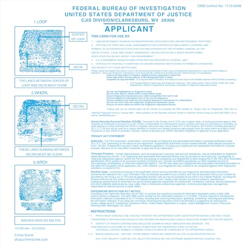 Crime Scene FD-258 Fingerprint Cards, 50-Pack (Version 10/31/2023) for Applicants