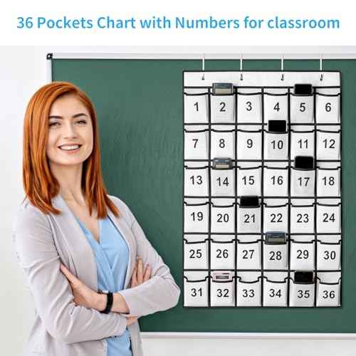 36 Pockets Numbered Classroom Pocket Chart for Cell Phones, Hanging Pocket Chart Storage for Classroom Phone Calculator Holder with 4 Stainless Steel Hooks (White-36pockets)