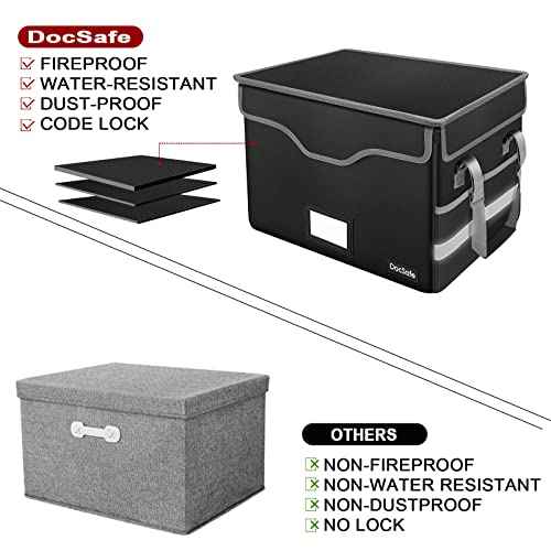 DocSafe Fireproof Document Box with Lock, File Storage Organizer with Mesh Pockets, Collapsible Portable File Box Home Office Safe Filing Cabinet with Handle for Hanging Letter/Legal Folder, Black