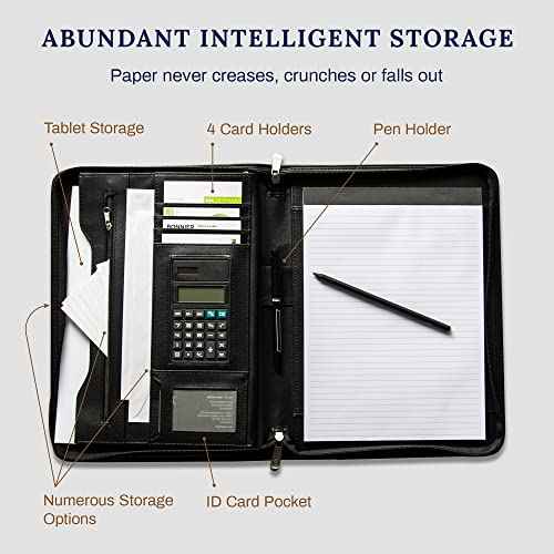 Cossini Black Superior Vegan Leather Business Portfolio with Zipper ? Padfolio All-in-One. Smartest Protective 10.1 Inch Tablet Sleeve, Presentation Slot, Solar Calculator, Card Storage, Writing Pad