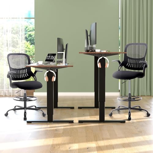 SMUG Drafting Chair with Flip-up Arms, Height Adjustable Standing Tall Office Desk Chair with Foot Ring, Ergonomic Swivel Computer Chairs with Rolling Wheels, Black