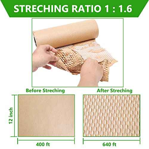 Honeycomb Packing Paper Wrap 12"x400' Sustainable Alternative to Bubble Cushioning Wrap Biodegradable & Fully Recylable for Moving/Shipping/Packing Roll with 20 Fragile Stickers