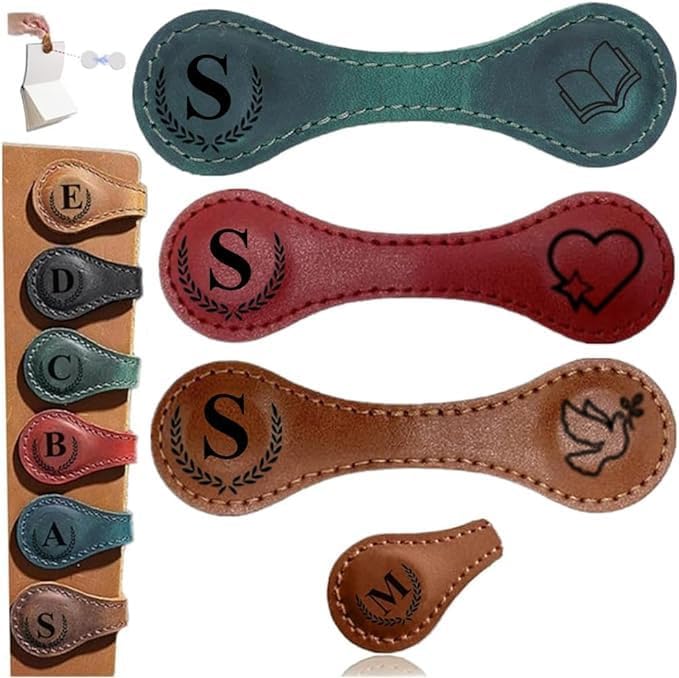 Skiennix Personalized Leather Magnetic Bookmarks - Custom Engraved Initials | Meaningful Gift for Book Lovers (Set of 3)