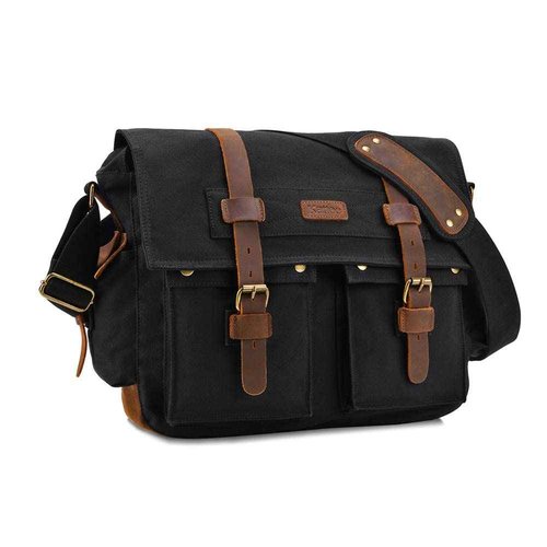 Kattee Military Messenger Bag Canvas Leather Shoulder Bag Fits 13.3 Inch Laptop Black