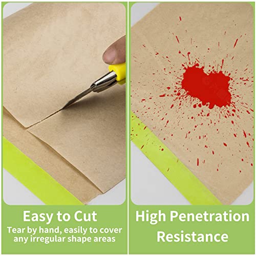 Pre-Taped Masking Paper for Painting - 12 inch x 50 feet Tape and Drape Painters Paper, Paint Adhesive Protective Paper Roll for Covering Skirting, Frames, Cars and Auto Body (8 Rolls)