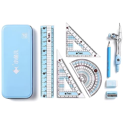 8-Piece Student Geometry Set with Shatterproof Iron Box - Ruler, Protractor, Compass, Eraser, Sharpener
