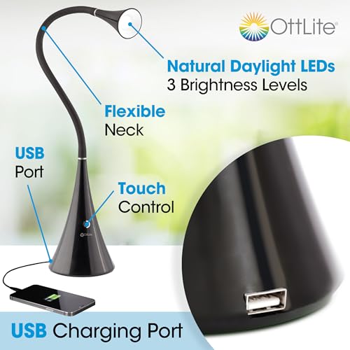 OttLite LED FlexNeck Table Lamp with USB Charging Port, Black