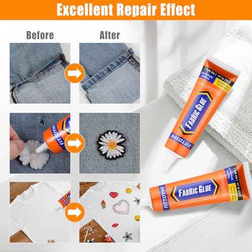 Fabric Glue Permanent, 60 ML Washable Clear Clothing Glue, Super Fabric Adhesive for Rhinestones, Patches, Clothes, Denim, Leather, Polyester, Fabrics, Doll Repair, Flannel, Cotton