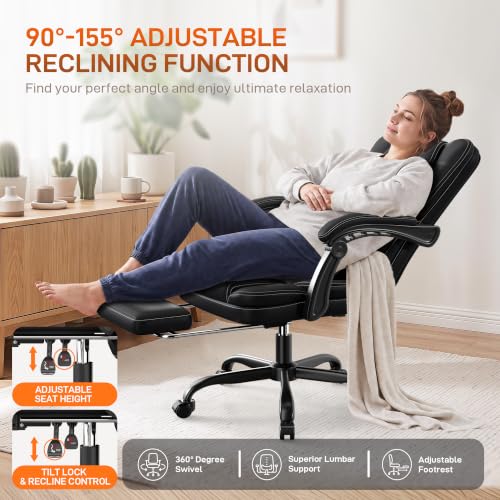 Ergonomic Executive Office Chair with Foot Rest – Headrestless, Black