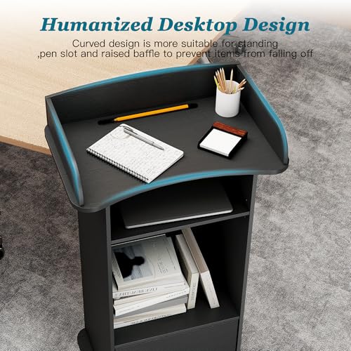 Qriocioa Black Podium Stand with 4 Wheels, Wooden Lectern with Storage