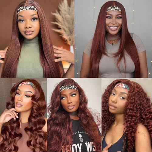 32 Inch #33 Reddish Brown Headband Wig Human Hair 150% Density Grade 8A Unprocessed Brazilian Virgin Hairs Machine Made Auburn Brown Water Wave Headband Wig Human Hair None Lace Front Wig
