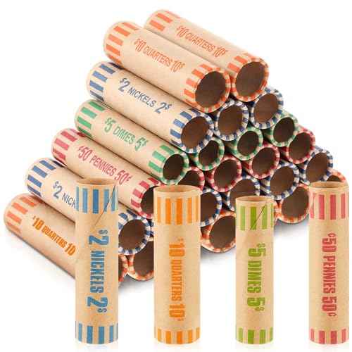 Outus 512 Pcs Assorted Coin Wrappers Rolls Bulk Preformed Coin Wrappers Rollers Paper Rolls Wrapping Tubes Includes Quarters, Pennies, and Dimes for Bank and Office (4 Style,Colorful)