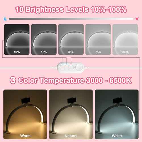 Upgraded Half Moon Light with Phone Holder, 23in Foldable Half Moon Light for Nail Desk, Nail Table Lamp with Stepless Dimming & Color Temperature (Small-23In)