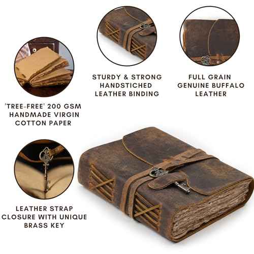 LEATHER VILLAGE Vintage Leather Journal ? 200 Handmade Vintage Deckle Edge Paper ? Leather bound Journal For Women Men ? Vintage Key Closure - Book of Shadows - Cappuccino Brown - 10X7 inches