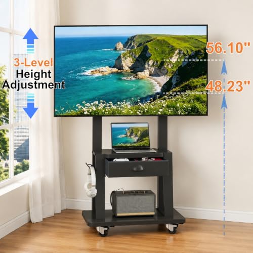 Aokitsink Mobile TV Stand with Drawer, 23-75" TV Cart Black, Heavy Duty, 2-Tier Shelves, 600x400mm VESA, Height Adjustable