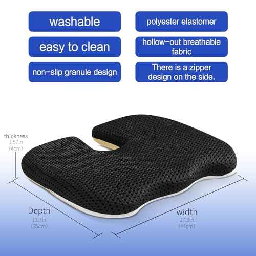 Gooo&Ma Ergonomic Seat Cushion with Air Fiber Core, Office Chair Cushion with Washable Cover & Non-Slip Base for Pressure Relief, Comfort for Long Sitting, Driving, Gaming(Black)