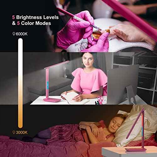 poukaran Desk Lamp, LED Desk Lamp with Wireless Charger, USB Charging Port, Table Lamp with Clock, Alarm, Date, Temperature, Office Lamp, Desk Lamps for Home Office, Pink