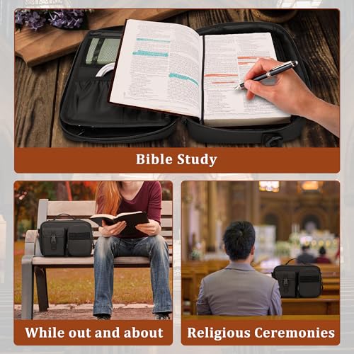 Damero Bible Cover for Men, Bible Carrying Case Church Bag with Multiple Pockets, Bible Case with Top Handle and Shoulder Strap, Black