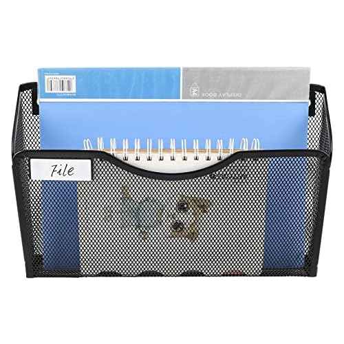 EasyPAG Wall File Organizer with Label Panel 6 Single Pocket Mesh Hanging File Folder Organizer for Letter/A4 Size Folders Wall Mounted Vertical Mail Holder for Paperwork, Office, Home, School, Black