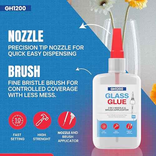 GH1200 (2-in-1) Super Glue for Glass, Controlled Application with Fine Brush & Nozzle, Fast Setting Formula, Stain & Spot Free Glass Glue Clear Repair Heavy Duty, Waterproof and Heat Tolerant