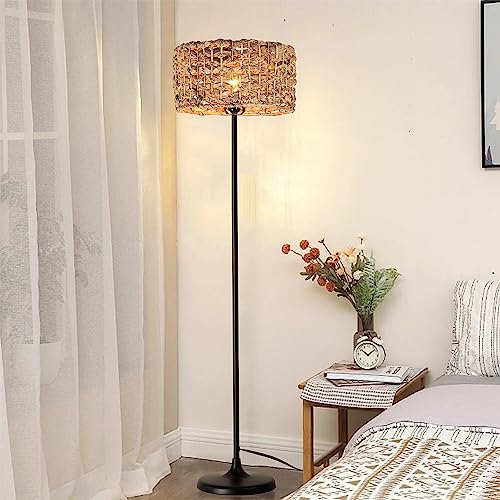 Bamboo Rattan Floor Lamp for Living Room, Boho Hand-Worked Woven Cylinder Lampshade Standing Lamp with Foot Switch, Industrial Black Tall Floor Light Decoration for Bedroom, Farmhouse