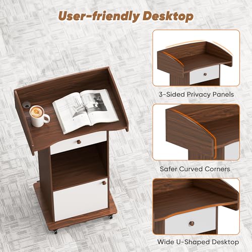 Suuiwau Portable Rolling Podium with Drawer, Cabinet & 4 Locking Wheels – Brown/White