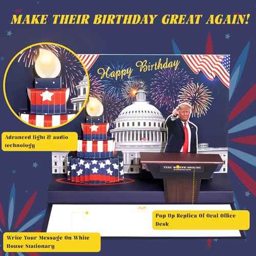 Birthday Card, Talking Donald President Greeting Cards with Real Voice Message & Light for Men and Women, Parents, Couples(Birthday - White House)
