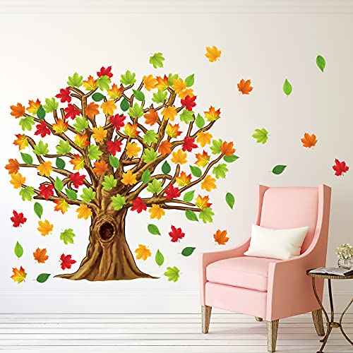 Gersoniel 90 Pieces Classroom Tree Bulletin Board Decorations Conversation Fall Leaves Cutouts Autumn Stickers for Classroom Home Wall Decor(Natural Style)