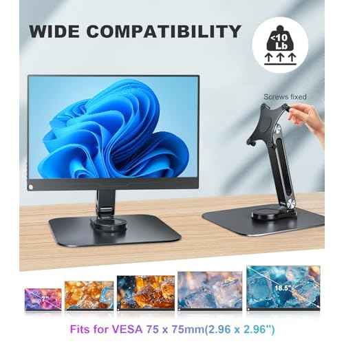 Portable Monitor Stand VESA 75x75mm Holes M4 Anti-Loss Screws, Aluminum Alloy Base, Fits 7"- 18", 15.6" 16" 17" 17.3" 18" Inch Small Monitors Lay Flat, Black Desk Mount (Not Fits100x100mm)