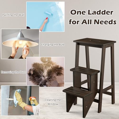 Costzon Brown 30" 3-Step Folding Stool with Handle, 3 in 1 Wooden Step Ladder