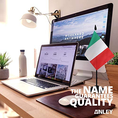 Anley Italy Deluxe Desk Flag Set - 6x4 Inch Miniature Italian Flag with 12" Solid Pole, Vivid Fade-Resistant Colors, Black Base & Spear Top