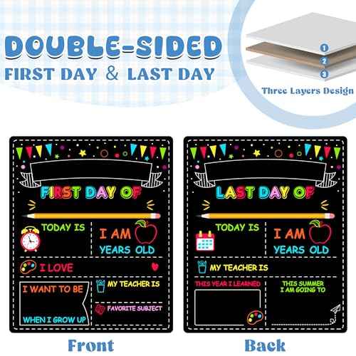 Double-Sided First Day of School Sign Board, 12 ¡¿ 10 Inches Back to School Sign, Reusable Color Painting First and Last Day of Preschool Board, Washable Chalkboard for Kindergarten Pre-K
