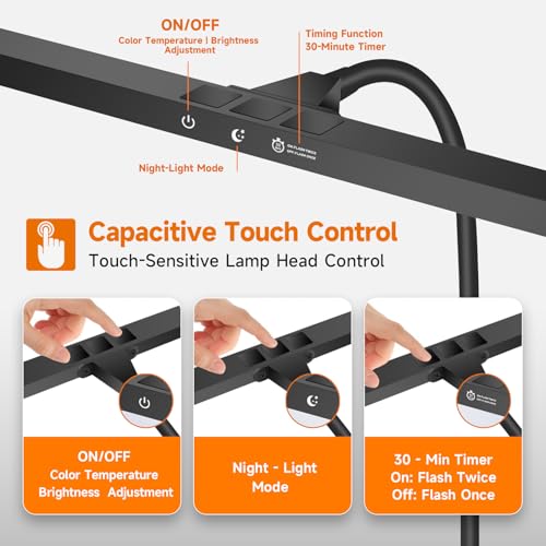 DUDUDU 17" Dimmable LED Piano Light, 2-in-1 Clamp Base Piano Lamp with Metal Music Book Clip & Flexible Gooseneck, 3 Colors Modes, Adjustable Height & Direction for Grand/Upright/Digital Pianos Black