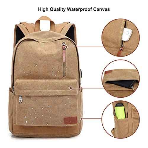 Canvas Laptop Backpack, Waterproof School Backpack With USB Charging College