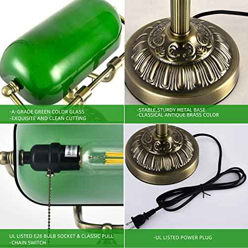 Green Glass Bankers Desk Lamp, Vintage Desks Lamp with USB Charging Port, Traditional Banker's Lamp, Mid Century Desk Lamp Pull Chain for Home Office Library