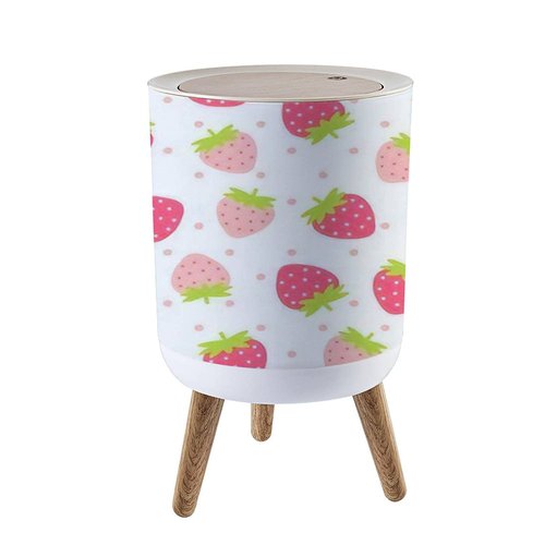 Small Trash Can with Lid for Bathroom Kitchen Office Diaper Fruit Cute fresh strawberry pink polka dot white Design for Bedroom Garbage Trash Bin Dog Proof Waste Basket Cute Decorative