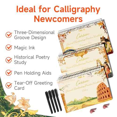 TIME X Grooved Cursive Handwriting Workbook Kit - Cursive Handwriting Workbook for Kids 8-12 and Adults - 3Pcs Magic Reusable Handwriting Workbook with Detachable Quote Postcards - 12.6"x10.6"