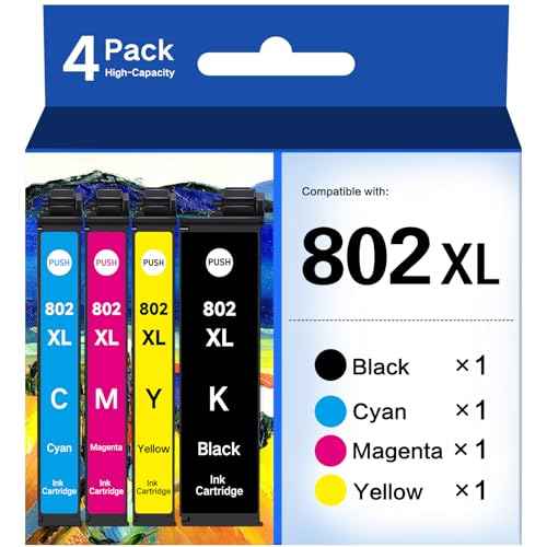 802XL Ink Cartridges Combo Pack Remanufactured 802 XL for Epson 802 Ink Cartridges T802 T802XL High Yield for Epson Workforce Pro WF-4740 WF-4720 WF-4734 WF-4730 EC-4020 EC-4030 EC-4040 (4 Pack)