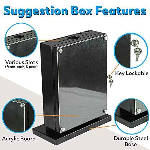 Large Suggestion Box With Slot and Lock - Metal Wall Mounted Ballot Box, Donation Case, Safe Lock Tip Jar For Fundraising, Hotel, Bar and School Voting Use (Black, 10'' x 4.75'' x 12.5'')