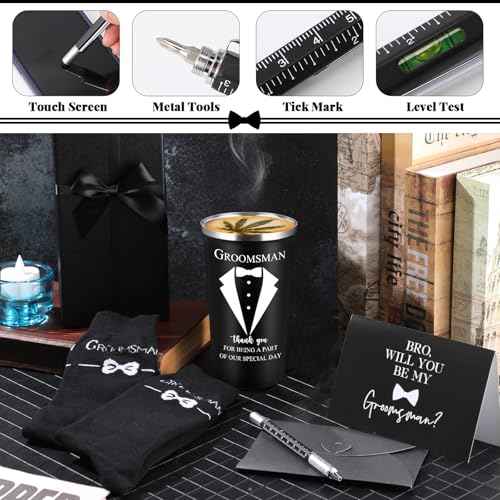 Nuanchu 4 Set Groomsmen Gifts for Men Wedding Proposal Gift 17 oz Stainless Steel Tumbler Groomsman Socks Multi Tool Metal Ballpoint Pen with Black Greeting Card Envelope for Groomsmen male (Black)