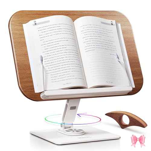 Book Stand for Reading,Adjustable Book Holder with 360¡Æ Swivel Base,Book Stand for Desk,Rubber Wood,Large Panel,Elastic Clips,Sturdy,for textbooks,Sheet Music,Recipes,Tablets,laptops