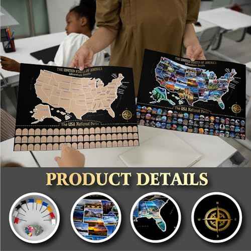 Large Scratch Off Map of United States + All 63 US National Parks Scratch Off Poster, Journal Gifts for Travelers