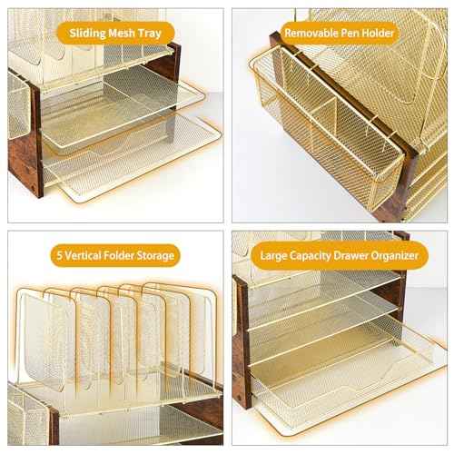 Gold Desk Organizers and Accessories,4-Tier Desktop File Organizer with Drawer, Wood Paper Organizer with 5 Vertical File Holders and Pen Holder for Office Supplies