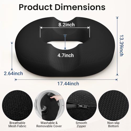 CloudBliss Black Large Donut Pillow for Tailbone & Hemorrhoid Relief - Portable Memory Foam Seat Cushion for Stadium, Car, Home & Office