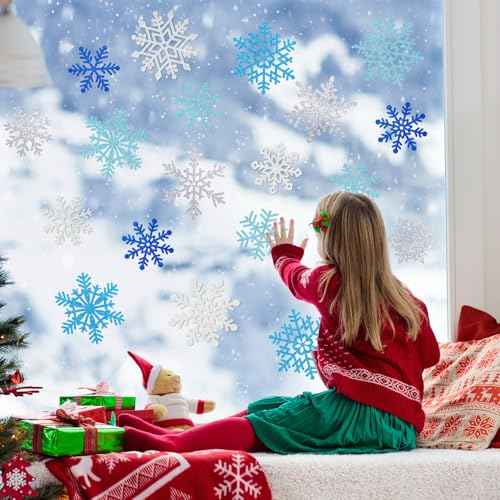 Winter Snowflake Cutouts Glitter Paper Decorations - 50Pcs Blue and Silver Double-Side Christmas Cutouts for Holiday Winter Wonderland Bulletin Board, Frozen Party Decor