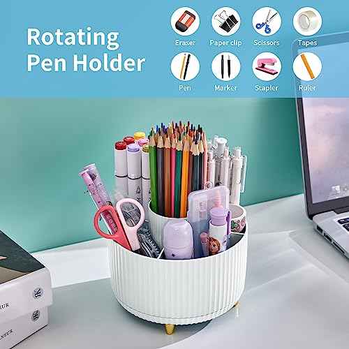 Marbrasse Desk Organizer, 360-Degree Rotating Pen Holder, Desk Organizers and Accessories with 5 Compartments Pencil Holder, Art Supply Storage Box Caddy for Office, Home£¨White£©